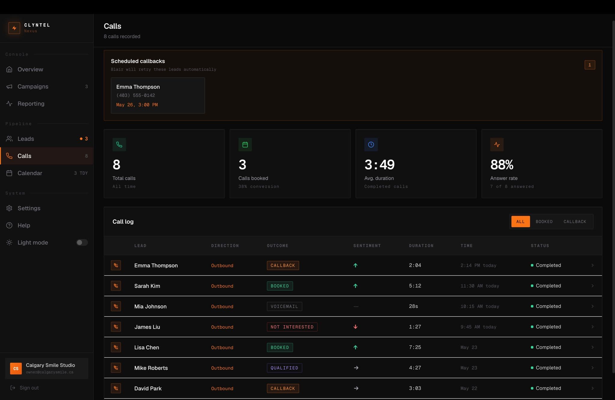 The Nexus calls screen: scheduled automatic callbacks, total calls, booking and answer rates, and a call log with per-call outcome and sentiment.